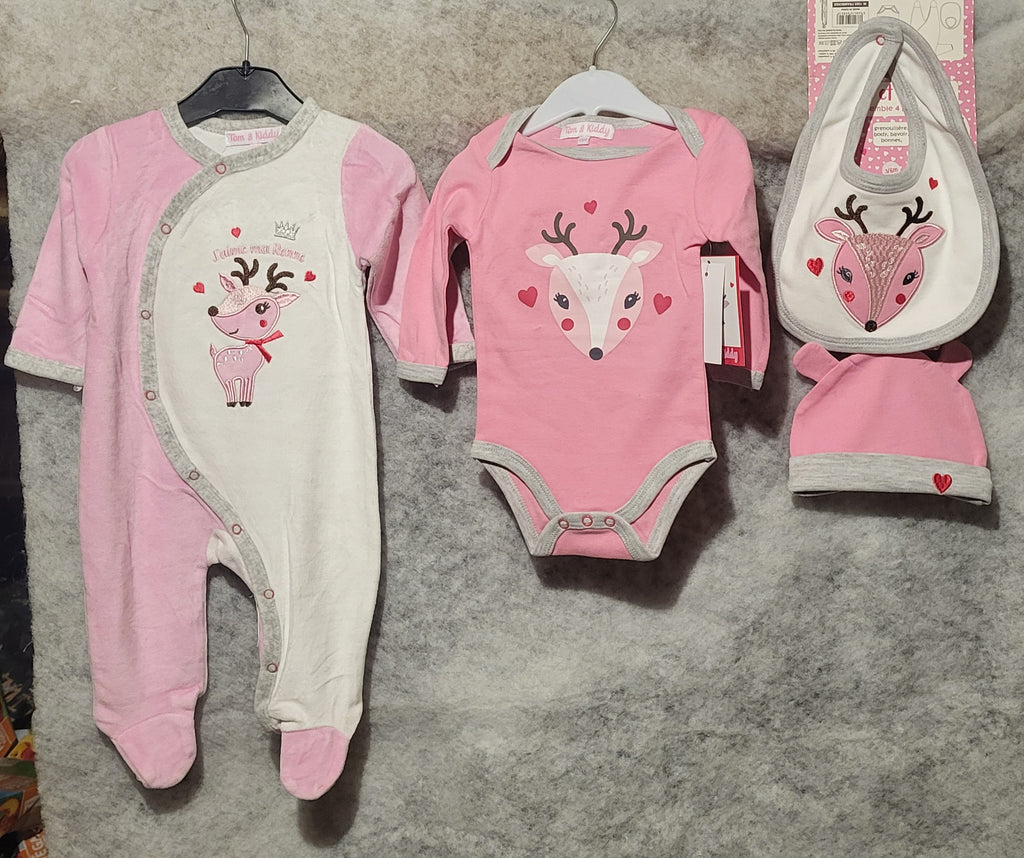 Coffret bébé fille Tom et Kiddy rose et blanc, grenouillère body bonnet bavoir 3 à 12 mois