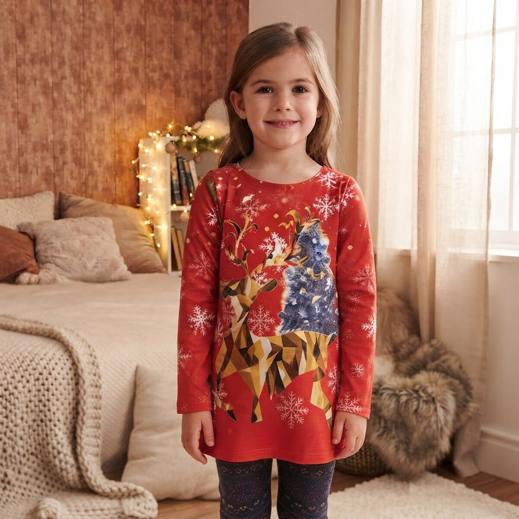 Tunique fille Noël rouge brique portée, renne géométrique jaune doré et sapin bleu-gris enneigé
