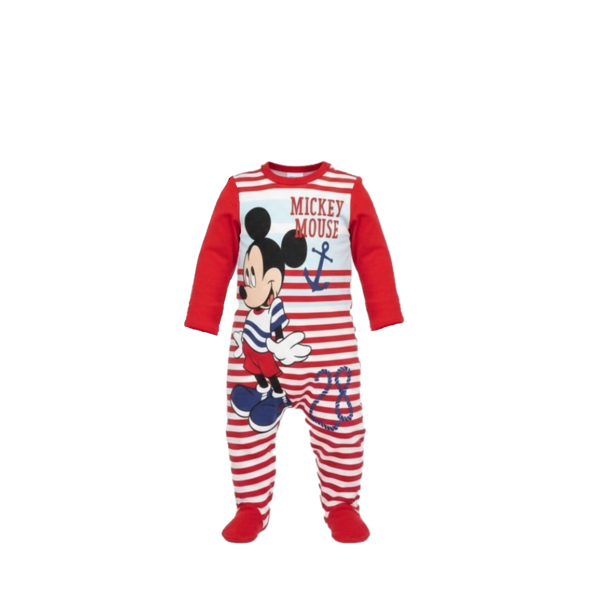 🐭🚩 Pyjama Mickey Rouge – Rayures, douceur & pressions dos • 6 à 24 mois 🔴🍼