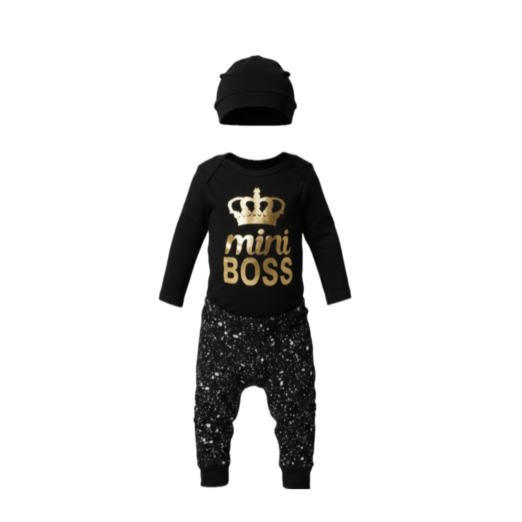 🖤✨ Mini BOSS en Pyjama – Ensemble 3 pièces stylé • Tailles 1-3 ou 3-6 mois 👑💼
