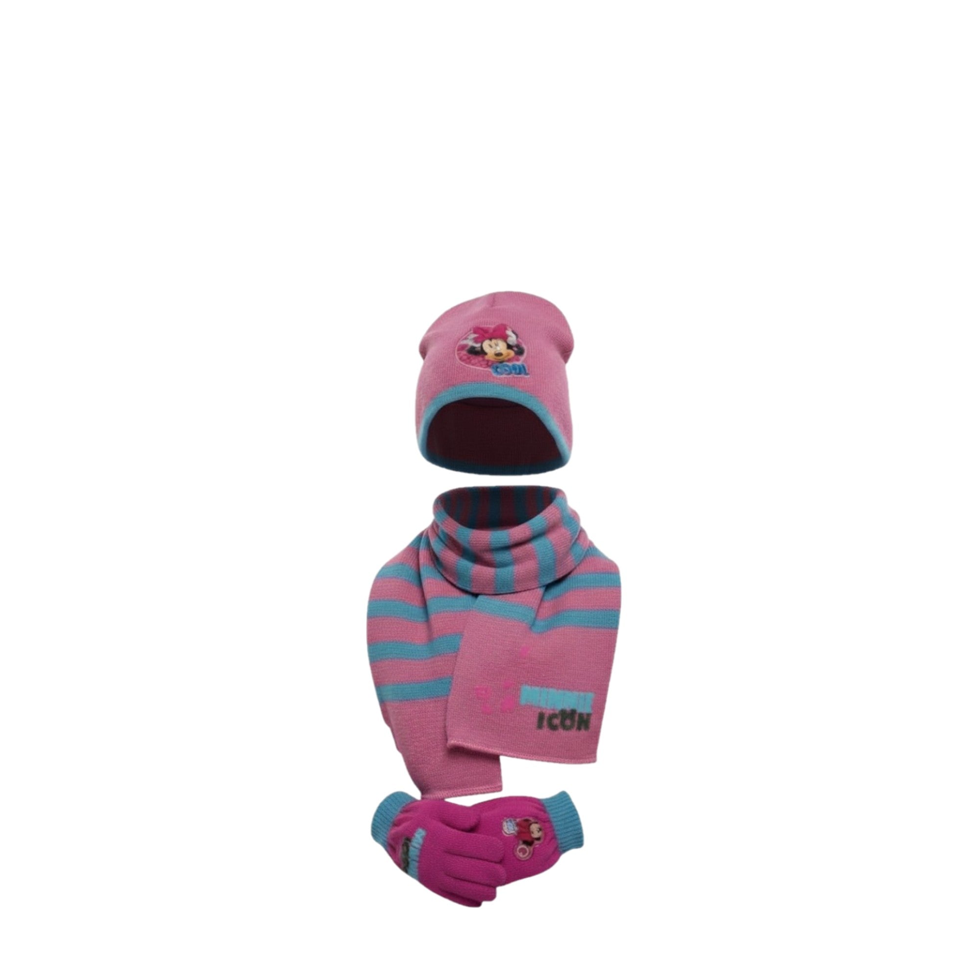 Ensemble hiver Minnie – Bonnet 46/48 + écharpe + gants – Rose/bleu – NEUF 🎁