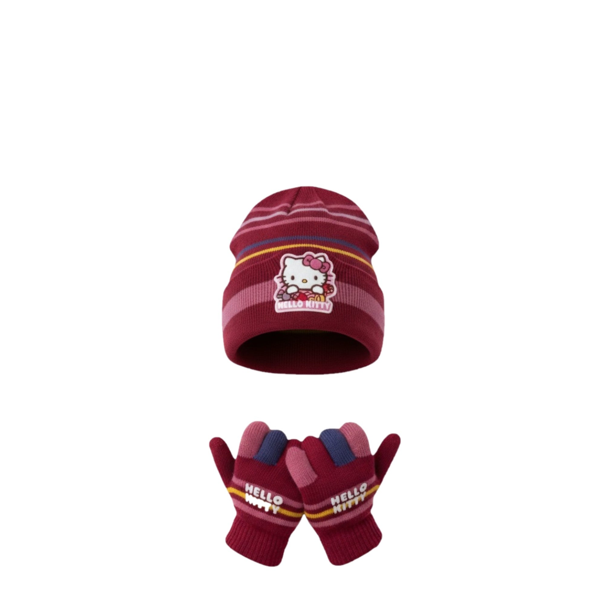 💖 Ensemble Hiver HELLO KITTY - Bonnet Gants Fille - Rose Foncé - 100% Acrylique Doux - Neuf