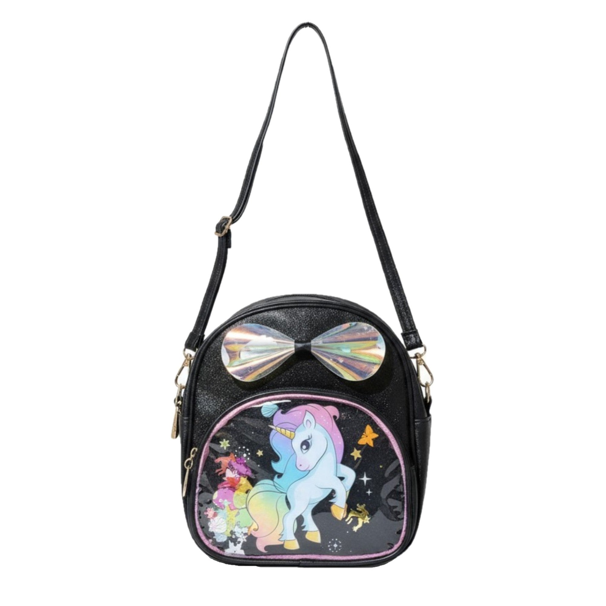 🦄 Sac à main fille – Licorne noir & nœud magique – 19 x 23 cm ✨
