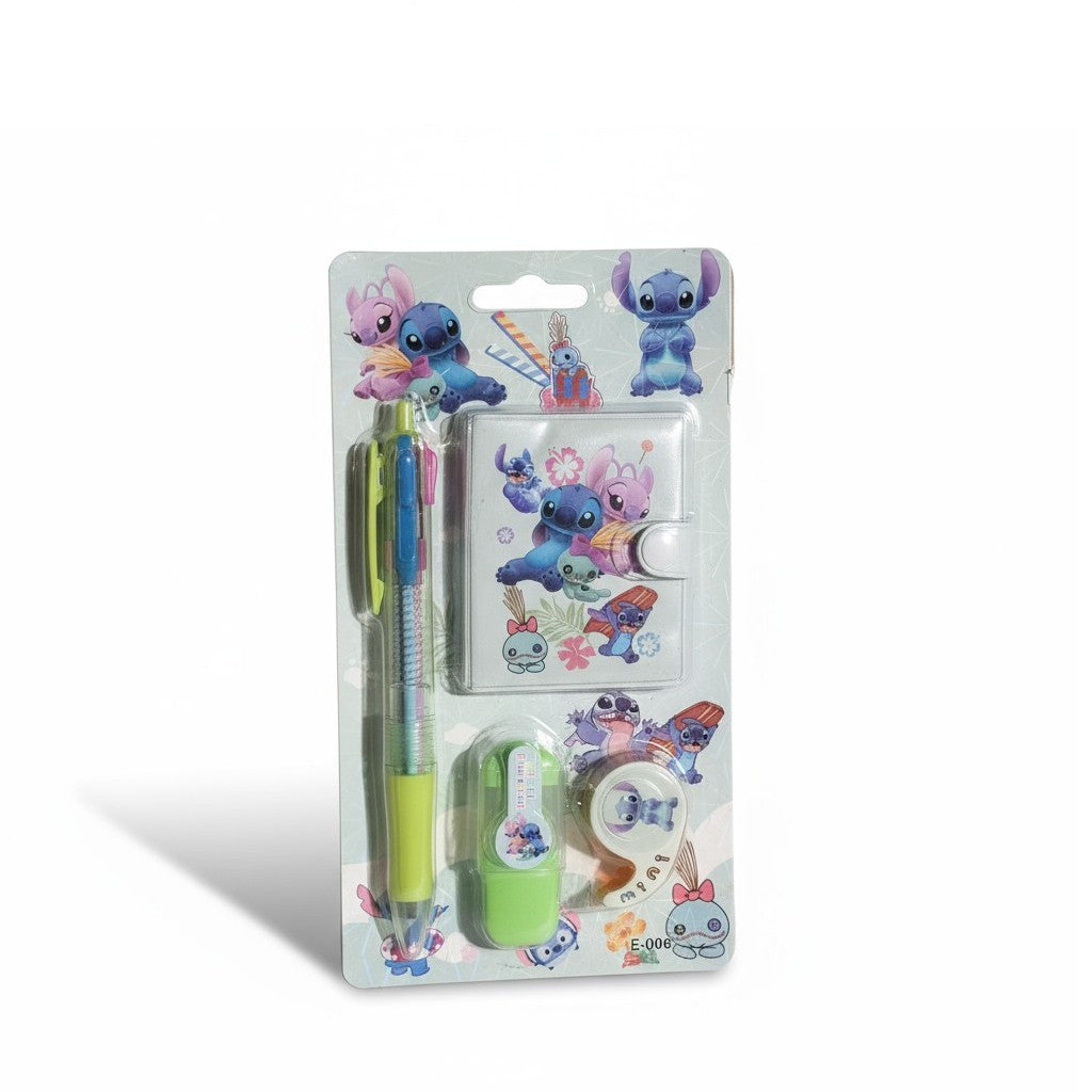 Set Papeterie STITCH Disney 4 Couleurs Surligneur Vert Carnet Scotch Rouge NEUF
