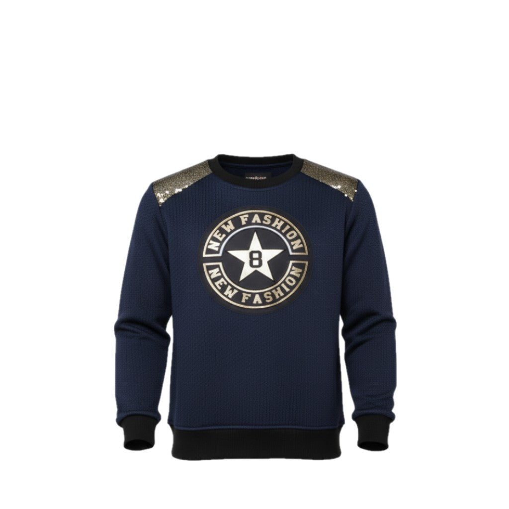NEUF Sweat GARÇON bleu avec écusson & épaules brillantes – Taille 4 à 14 ans