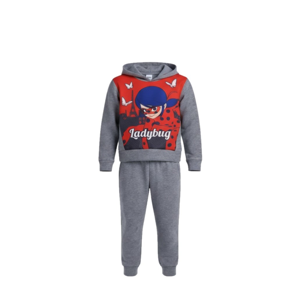 Jogging fille “Ladybug – Miraculous” – Sweat gris imprimé + pantalon assorti – Look héroïne et couleurs dynamiques – Tailles 4 à 8 ans – Neuf