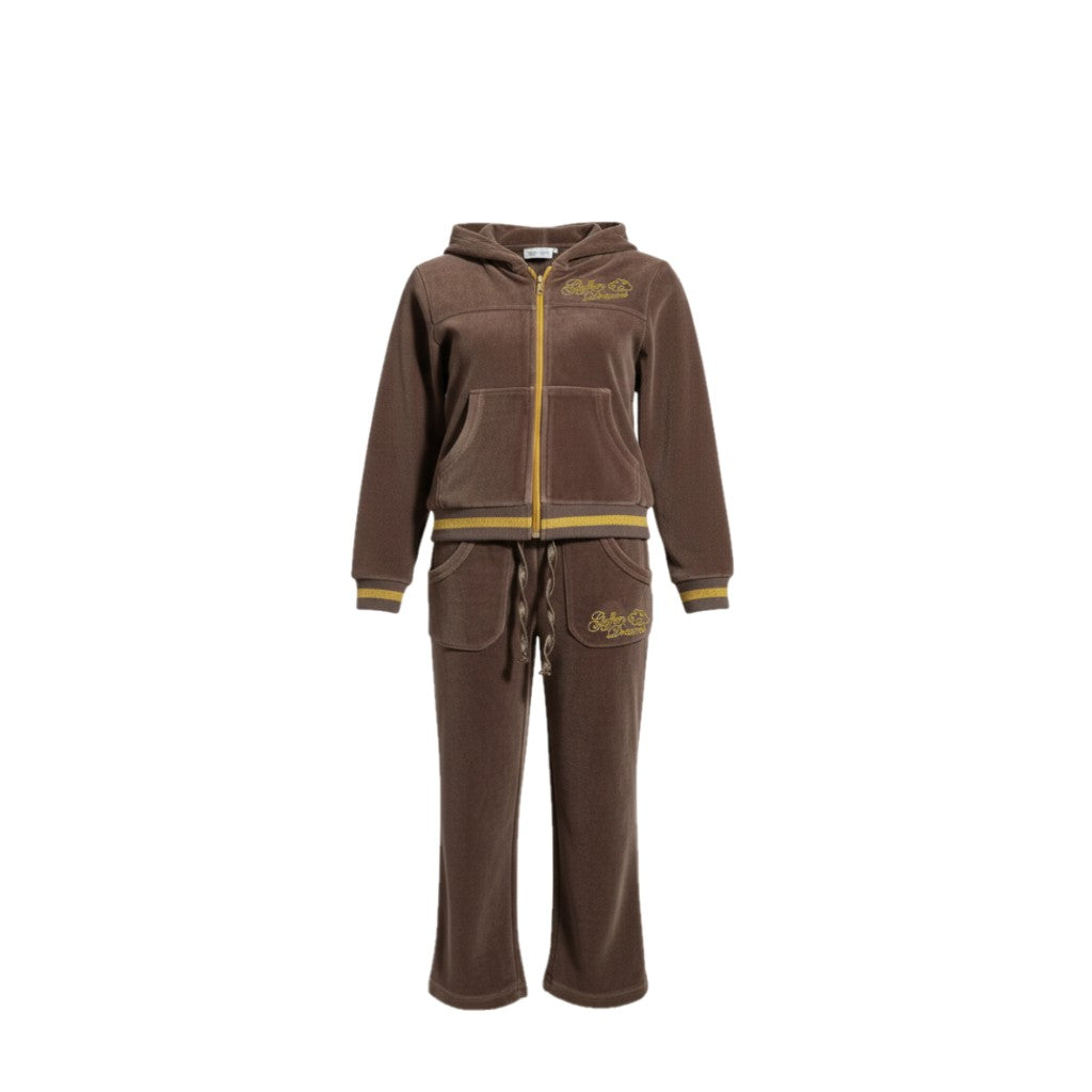 Jogging fille “Geffen – Velours marron” – Veste zippée brodée + pantalon assorti – Style doux, chic et confortable – Tailles 2 à 14 ans – Neuf
