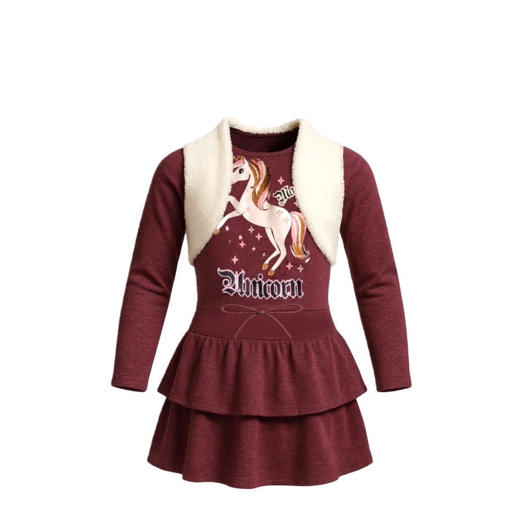 NEUF Robe FILLE manches longues bordeaux – Motif licorne rose – Taille 2 à 12 ans