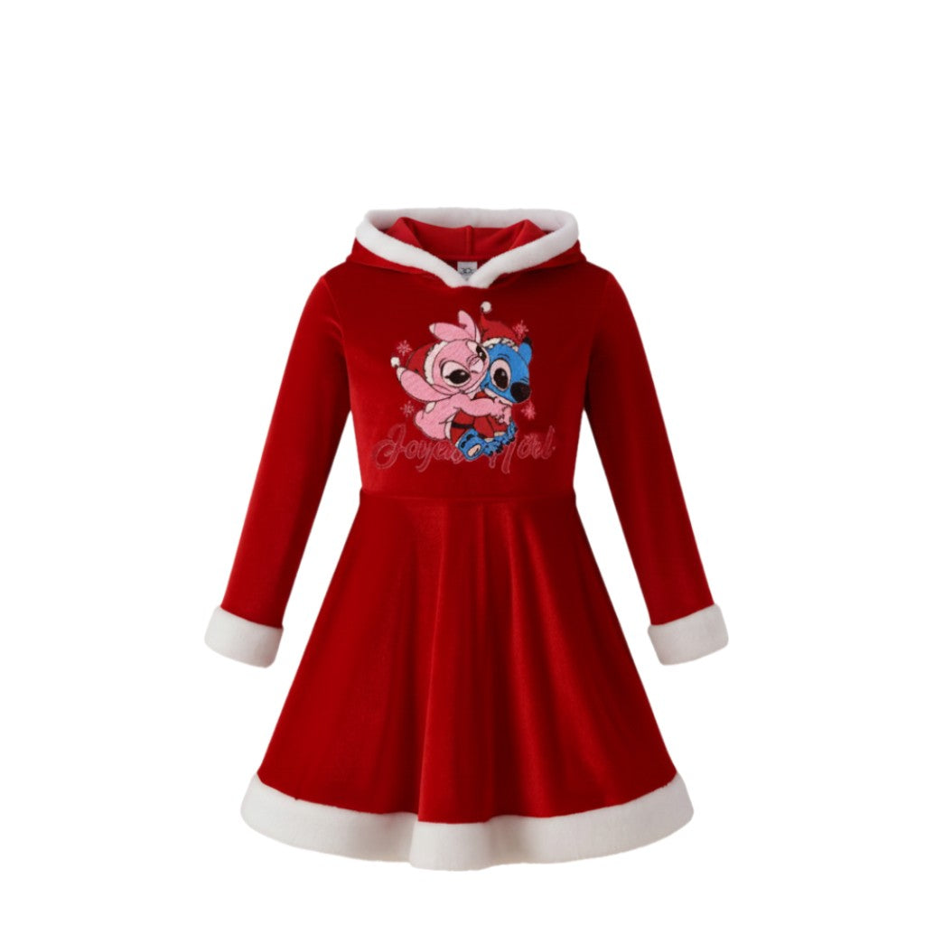 NEUF Robe FILLE Noël rouge à capuche motif Stitch – Taille 2 à 12 ans