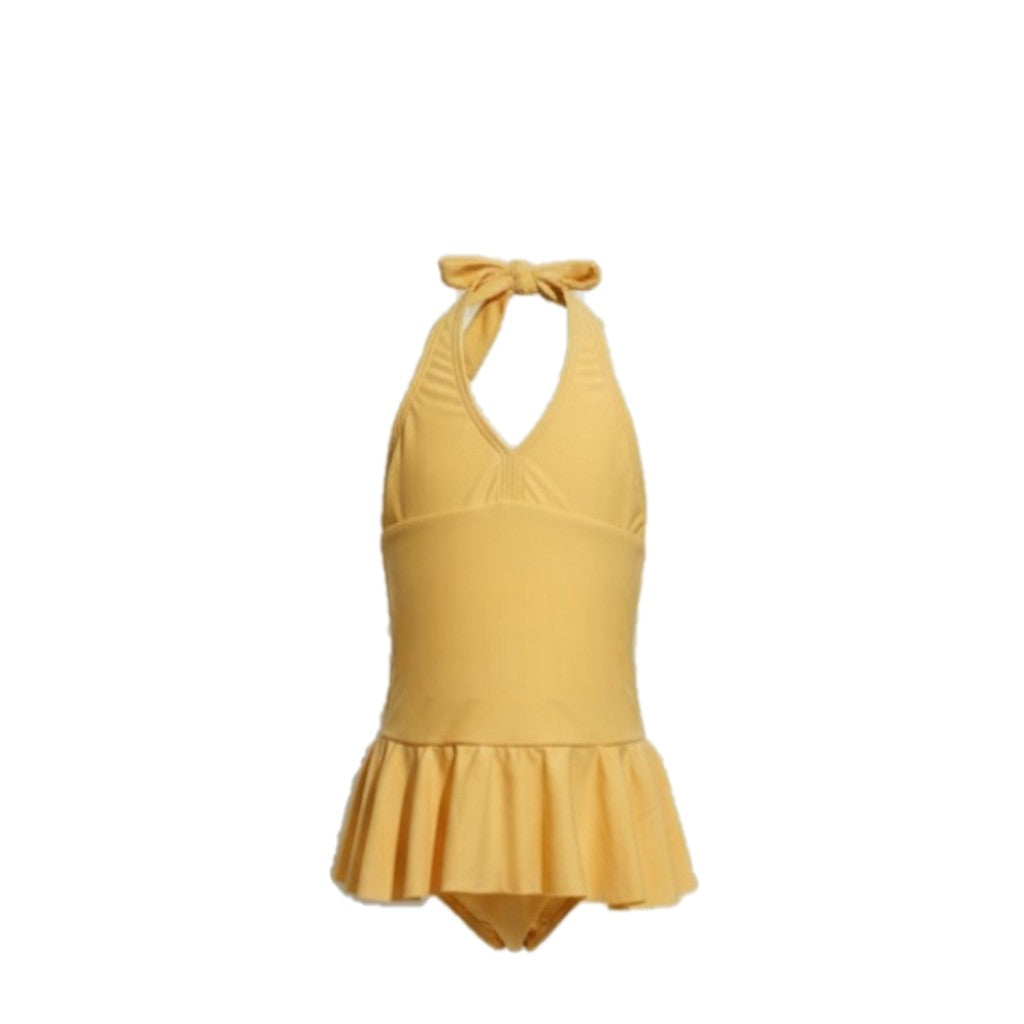 Maillot de Bain 1 Pièce Fille – Jaune Soleil avec Jupette & Dos Nu – 5 à 10 ans – Neuf