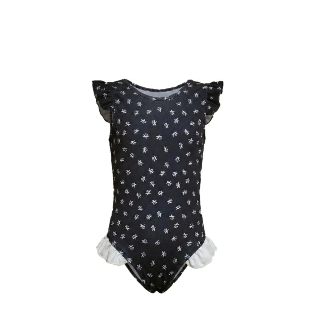 Maillot de Bain 1 Pièce Fille – Noir Imprimé XO Style Mercredi Addams – 4 à 14 ans – Neuf