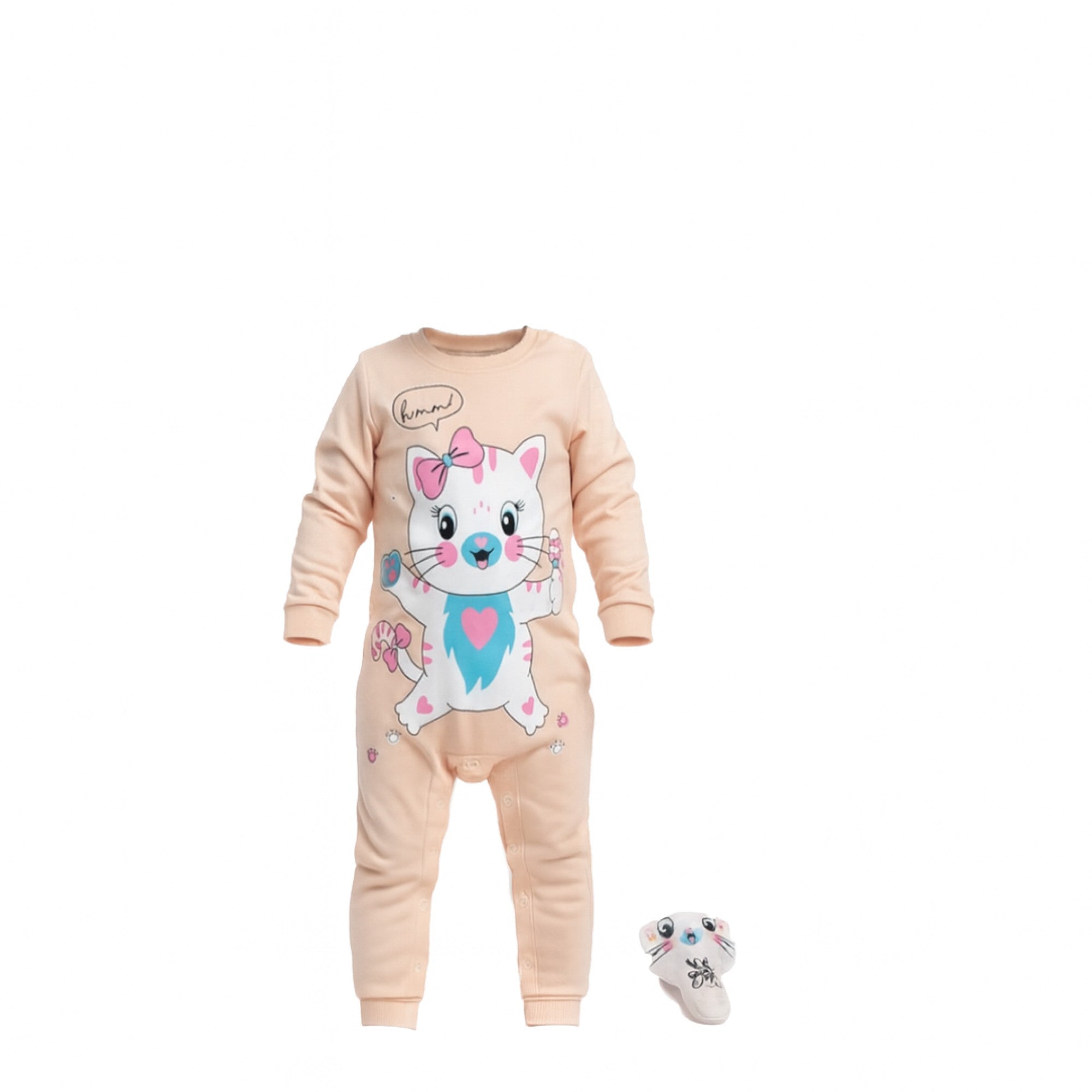 🌸🐱 Pyjama Bébé Fille + Peluche Chat – Rose Clair 100% coton (3 à 9 mois)