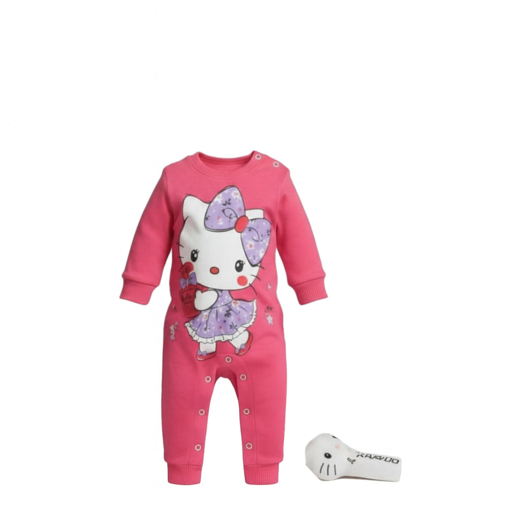 💖🐱 Pyjama Bébé Fille Rose + Peluche Chat – 100% coton (3 à 9 mois)