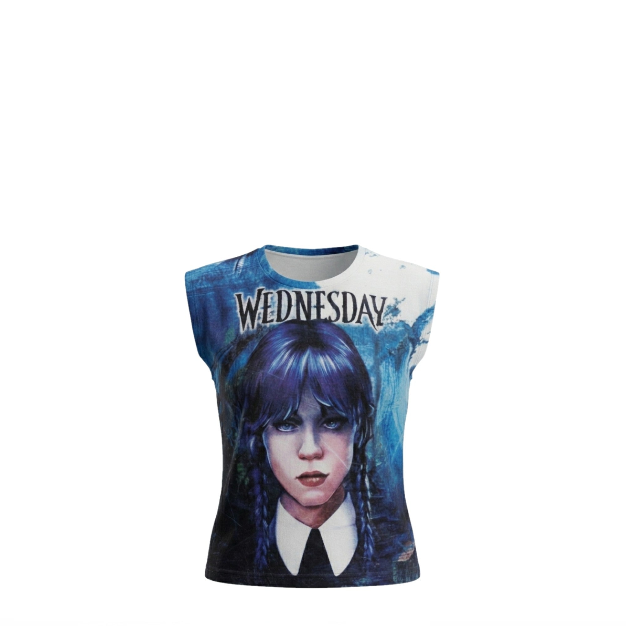 T-shirt Fille Mercredi Addams Portrait Gothique Bleu & Décor Sombre – Impression Sublimée Full Print – Coupe High-Low – 6 à 16 ans – Neuf