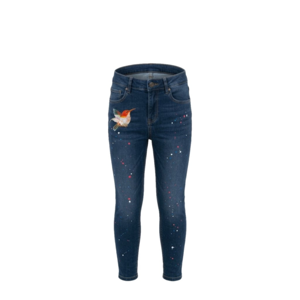 Jean fille bleu tacheté – Broderie oiseau – Taille réglable – 4 à 14 ans – Neuf