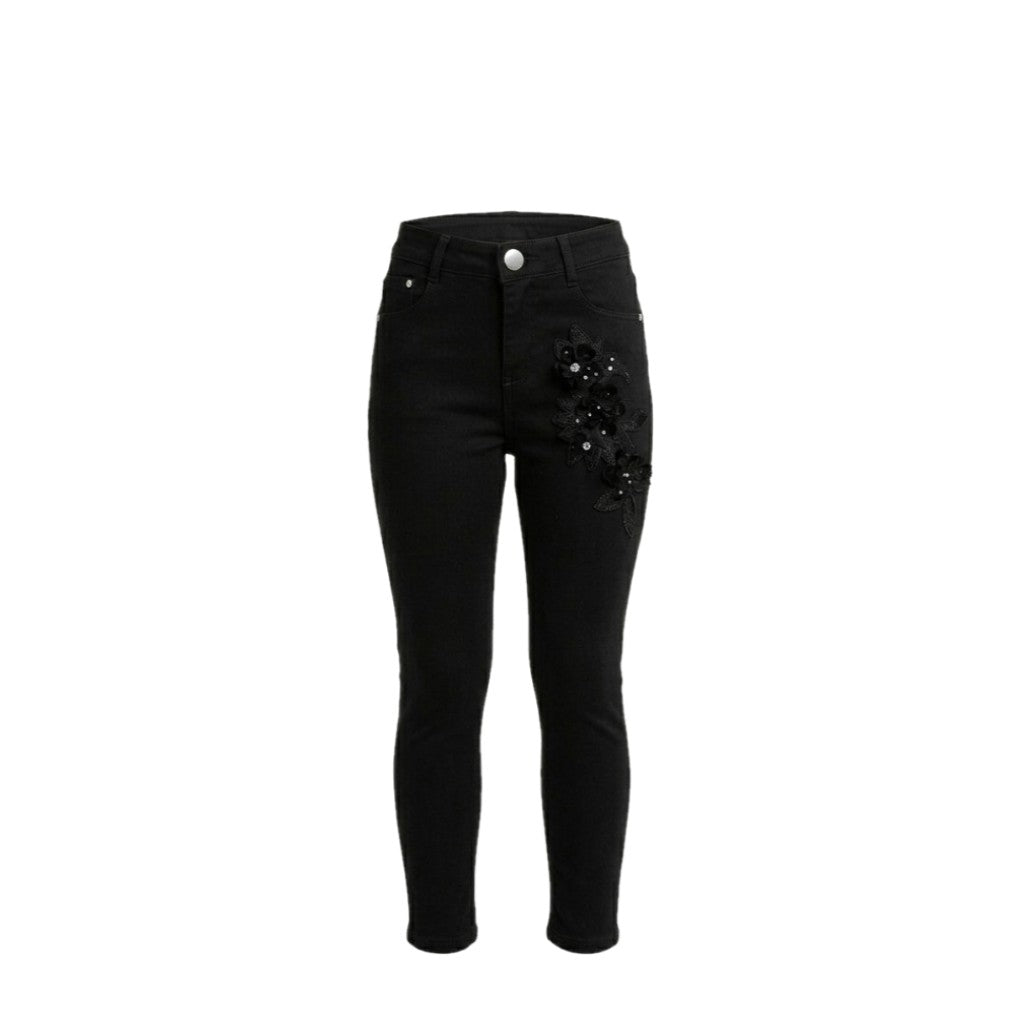 Jean fille noir – Détails fleurs en relief – Coupe slim confortable – Tailles 4 à 14 ans – Neuf