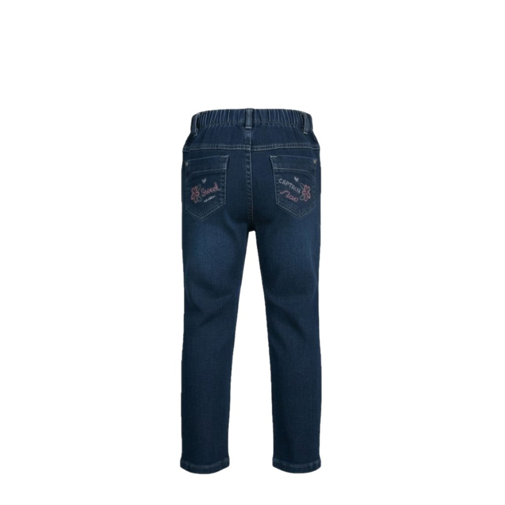 Jean fille stretch bleu – Broderies fleurs au dos – Taille élastique – 18 mois à 8 ans – Neuf
