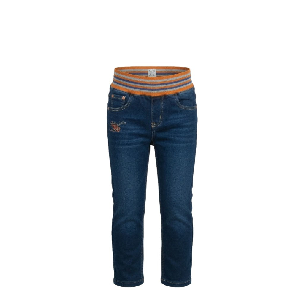 Jean fille stretch bleu – Ceinture élastique rayée orange – Coupe confortable – 18 mois à 8 ans – Neuf