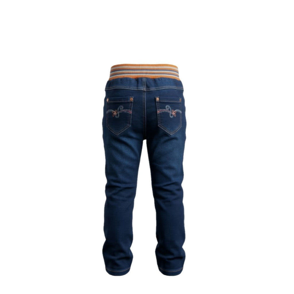 Jean fille stretch bleu – Ceinture élastique rayée orange – Coupe confortable – 18 mois à 8 ans – Neuf