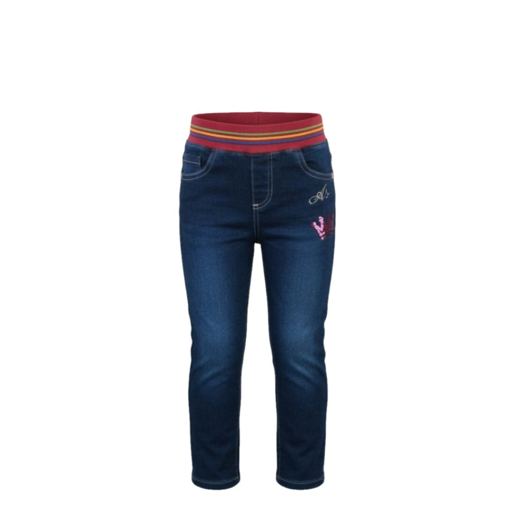 Jean fille stretch bleu – Ceinture élastique rose – Coupe confortable – 18 mois à 8 ans – Neuf