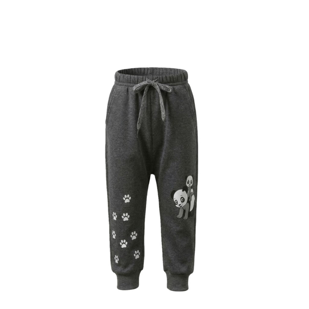 Pantalon de jogging fille gris – Motif panda & empreintes – Tissu doux et extensible – Tailles 2 à 6 ans – Neuf