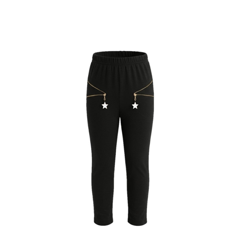 Pantalon fille noir – Détails zips décoratifs étoile – Coupe confortable – Tailles 9 à 16 ans – Neuf