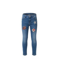 Jean fille denim bleu – Patchs décoratifs multicolores – Coupe confortable – Tailles 4 à 14 ans – Neuf