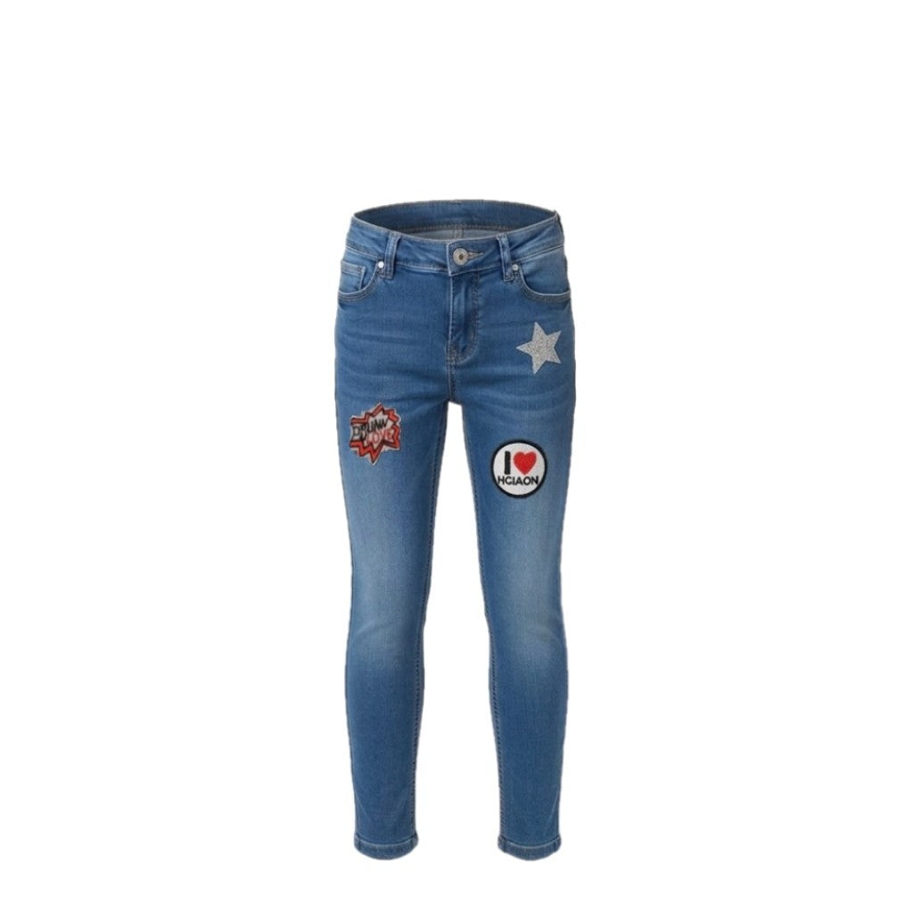 Jean fille denim bleu – Patchs décoratifs multicolores – Coupe confortable – Tailles 4 à 14 ans – Neuf