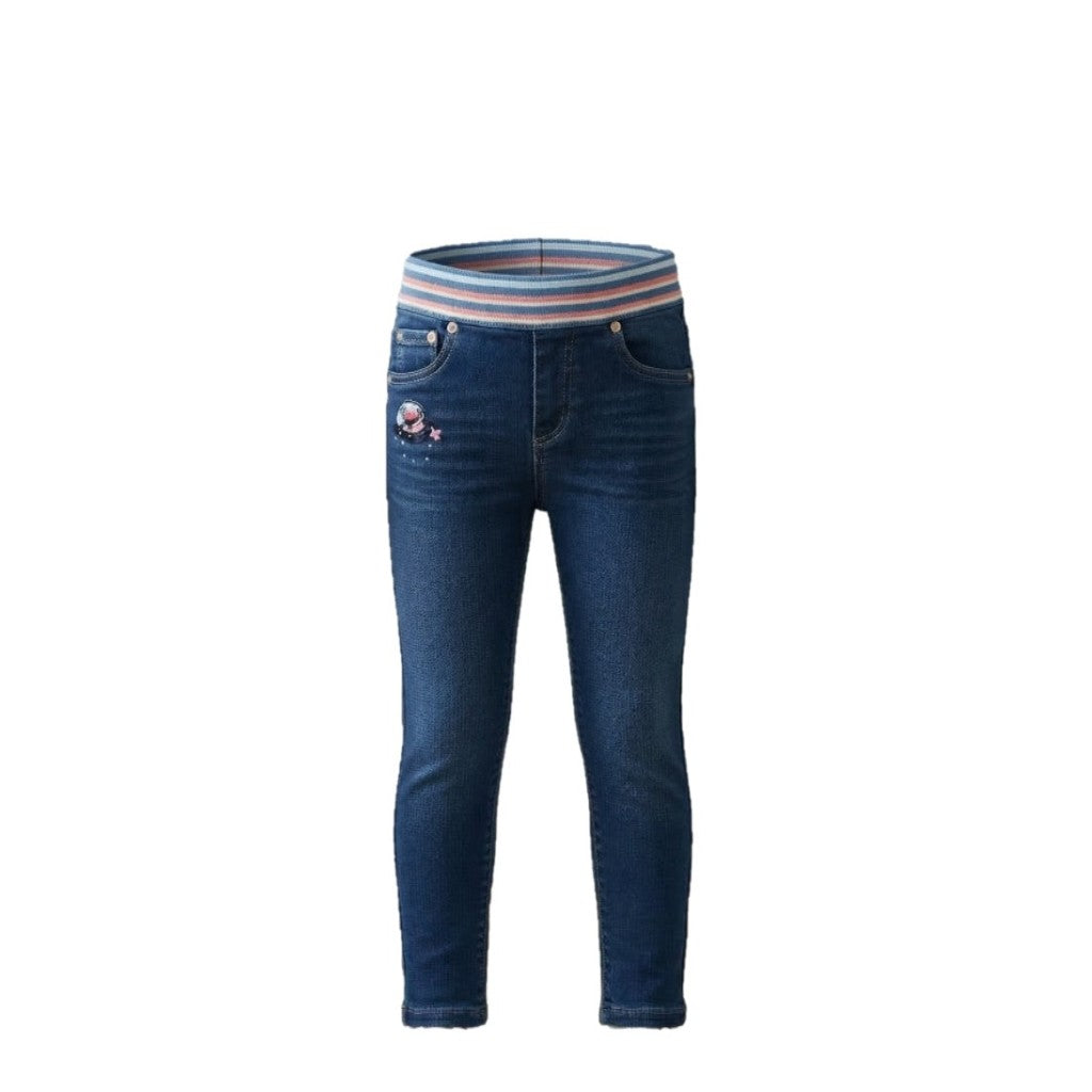 Jean fille stretch bleu – Ceinture élastique bleu – Coupe confortable – 18 mois à 8 ans – Neuf