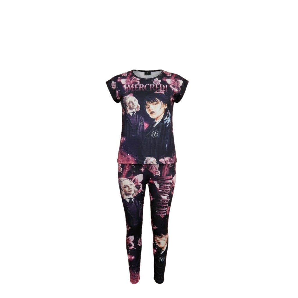 Ensemble Fille Mercredi Addams – T-shirt & Legging Imprimé – Papillons Rose & Noir – Style Gothique Girly – 6 à 14 ans – Neuf