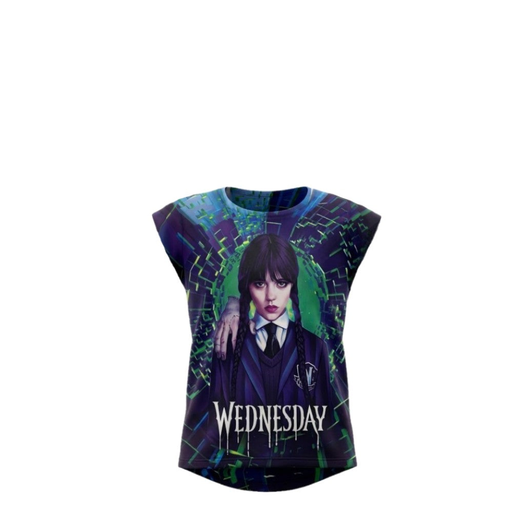 T-shirt Fille Mercredi Addams Portrait Multicolore avec Thing – Impression Sublimée Full Print – Coupe High-Low – 6 à 16 ans – Neuf