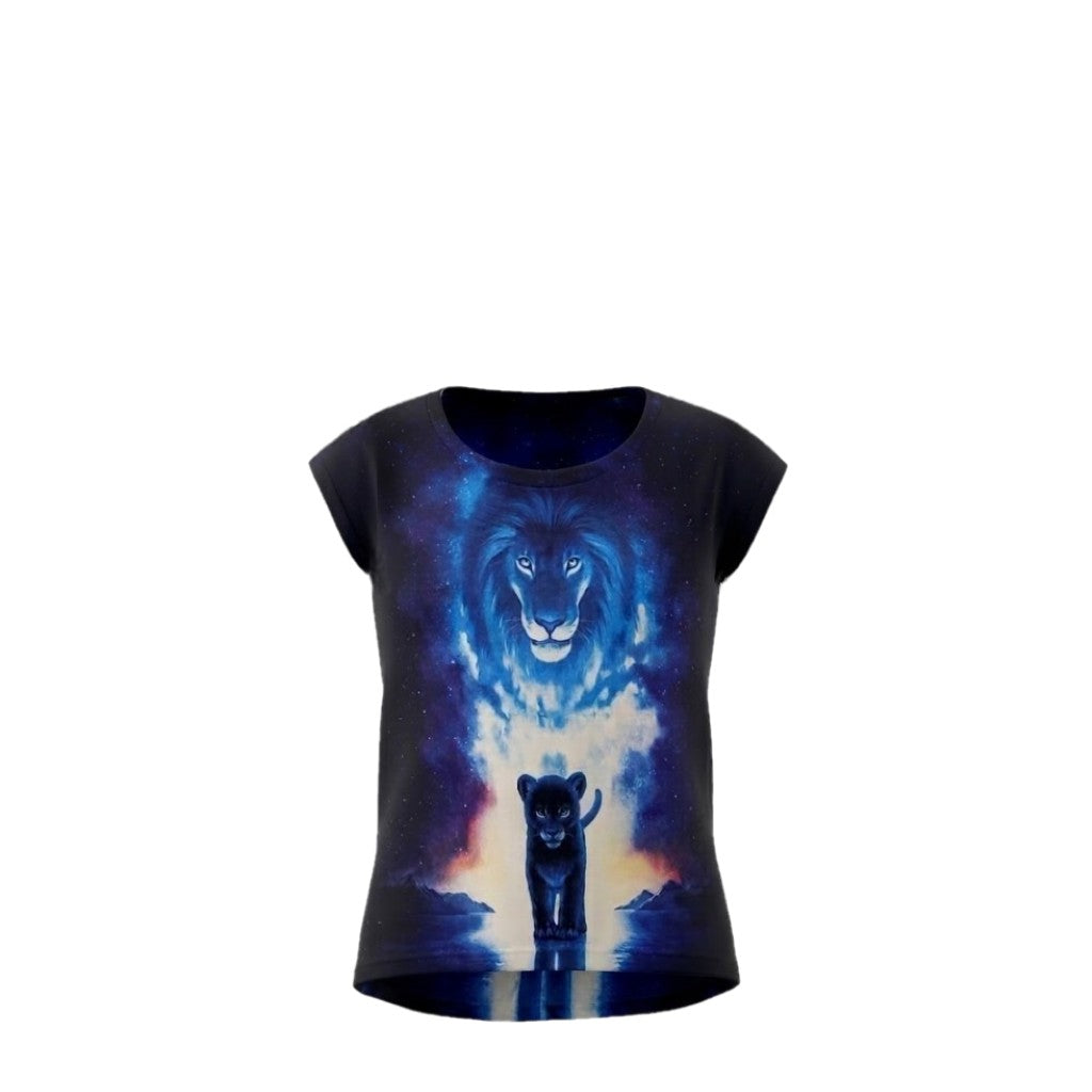 T-shirt Fille Lion & Lionceau Bleu Profond – Impression Sublimée Full Print – Coupe High-Low – 4 à 14 ans – Neuf