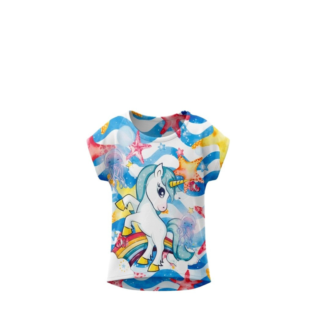 T-shirt Fille Licorne Arc-en-Ciel & Océan – Impression Sublimée Full Print – Coupe High-Low – 4 à 10 ans – Neuf