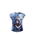 T-shirt Fille Mercredi Addams Motif Bleu Texturé & Portrait Sombre – Impression Sublimée Full Print – Coupe High-Low – 6 à 16 ans – Neuf