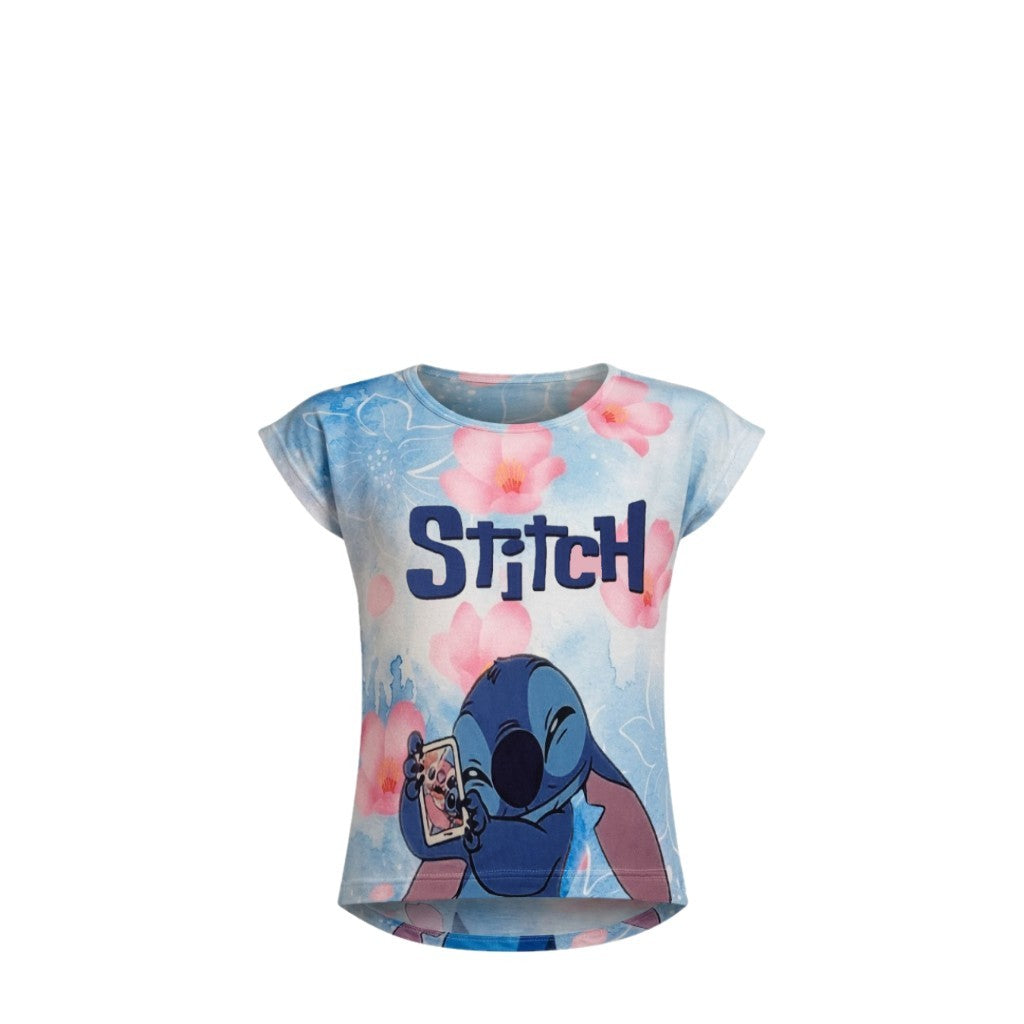 T-shirt Enfant Stitch Bleu Clair & Fleurs – Impression Sublimée Full Print – Coupe High-Low – 2 à 12 ans – Neuf