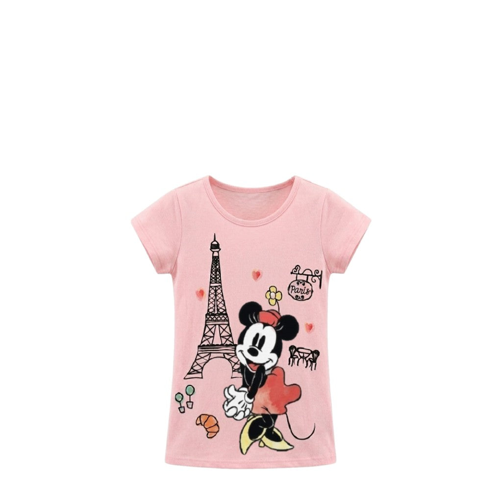T-shirt Fille Rose Pastel Minnie Mouse à Paris – Manches Courtes – 3 à 8 ans – Neuf