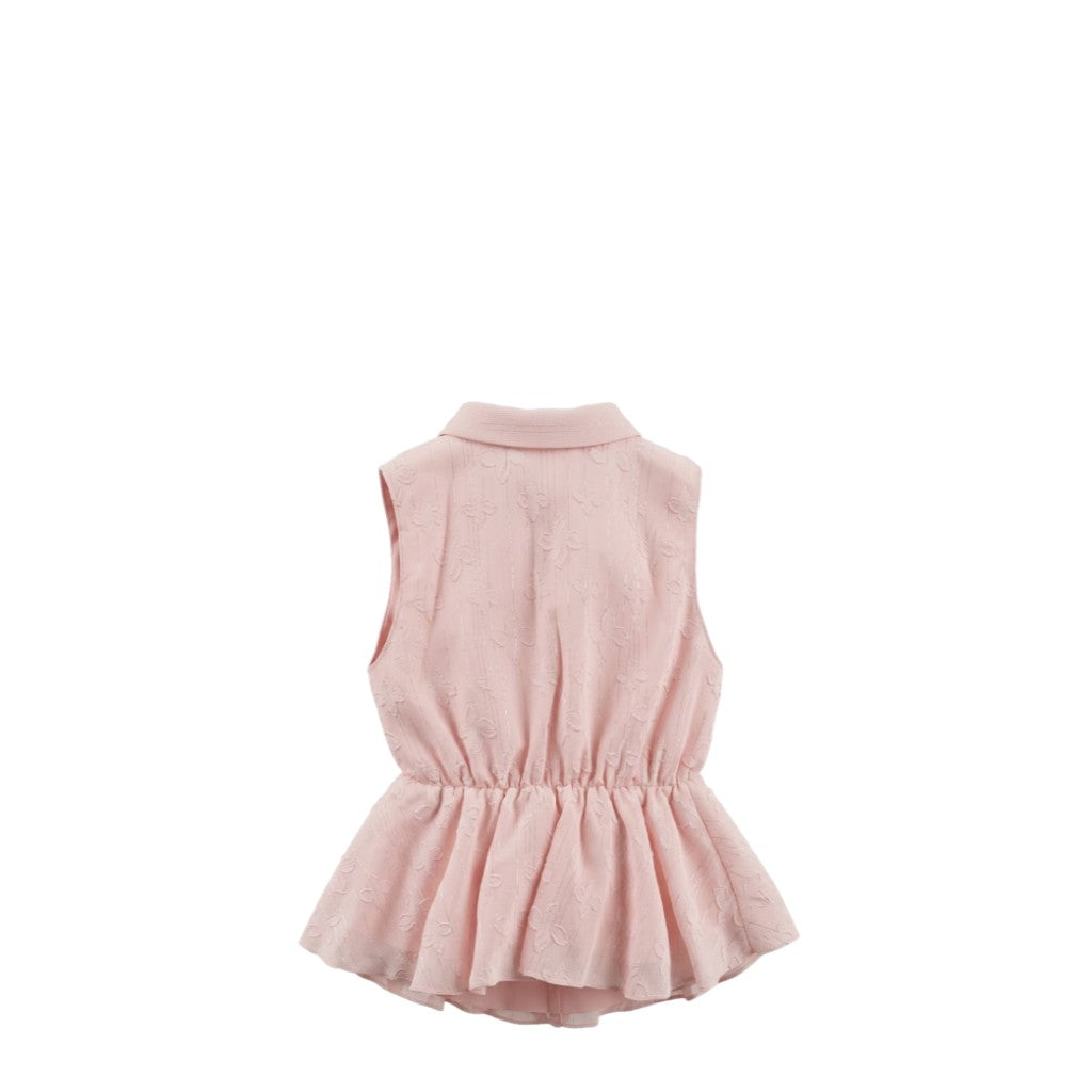 Blouse Fille Rose Satinée – Col Nœud & Motifs en Relief – Sans Manches – Modèle Été – Tailles 4 à 14 Ans – Neuf