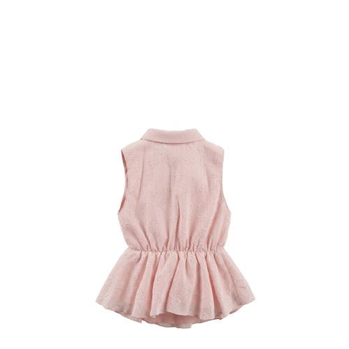 Blouse Fille Rose Satinée – Col Nœud & Motifs en Relief – Sans Manches – Modèle Été – Tailles 4 à 14 Ans – Neuf