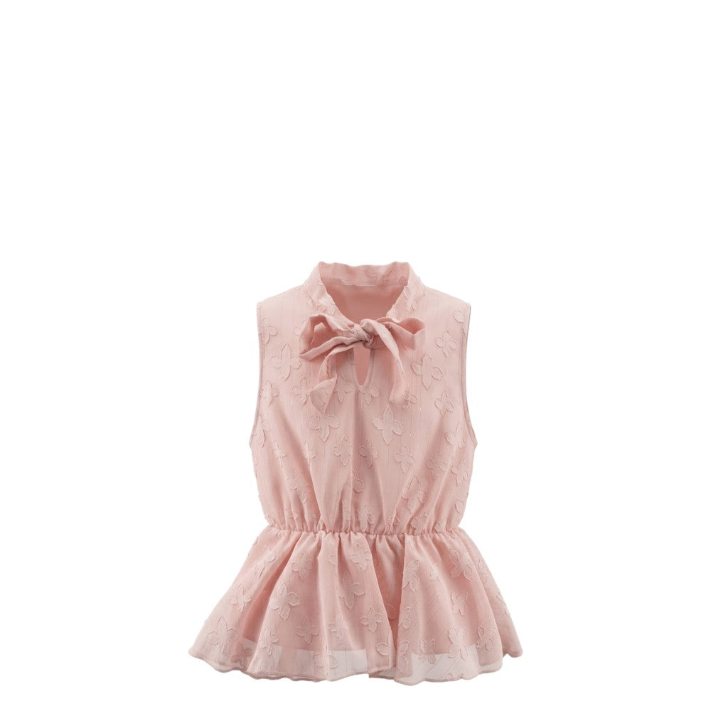 Blouse Fille Rose Satinée – Col Nœud & Motifs en Relief – Sans Manches – Modèle Été – Tailles 4 à 14 Ans – Neuf
