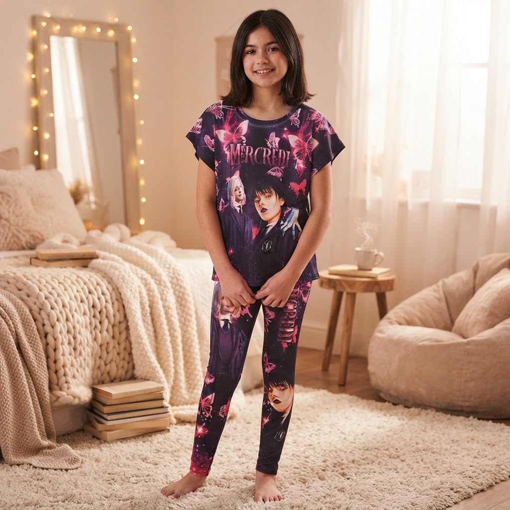 Ensemble fille Mercredi Addams et Enid porté, t-shirt à petites manches kimono et legging à papillons roses