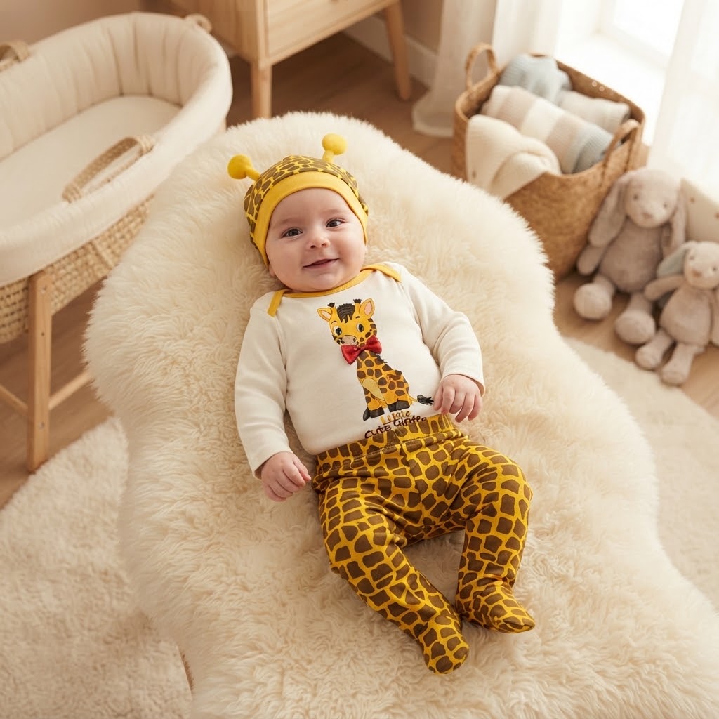 Ensemble bébé girafe porté, body blanc à motif girafe, pantalon jaune à pieds et bonnet assorti à petites cornes