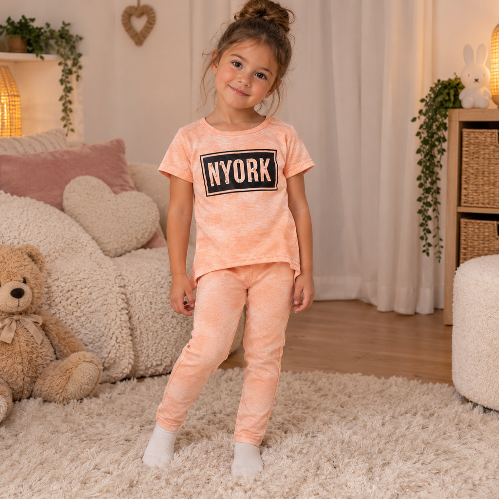 Ensemble fille pêche porté avec t-shirt NYORK à perles et legging uni assorti