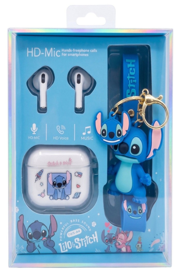 Coffret Stitch Disney Ecouteurs TWS Bluetooth 5.3 Porte-Cle Figurine 3D Laniere Neuf