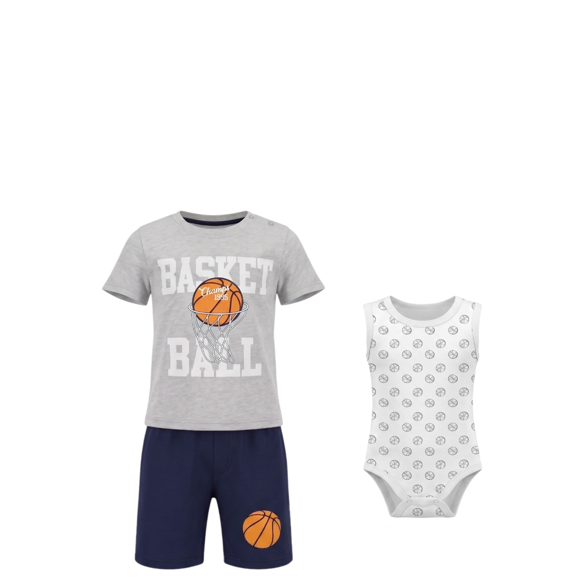 Ensemble Bébé Garçon 3 Pièces Thème Basketball – T-shirt Gris, Short Marine & Body Blanc – 6 à 24 mois – Neuf