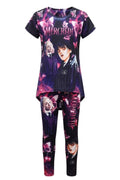 Ensemble Fille Mercredi Addams – T-shirt & Legging Imprimé – Papillons Rose & Noir – Style Gothique Girly – 6 à 14 ans – Neuf