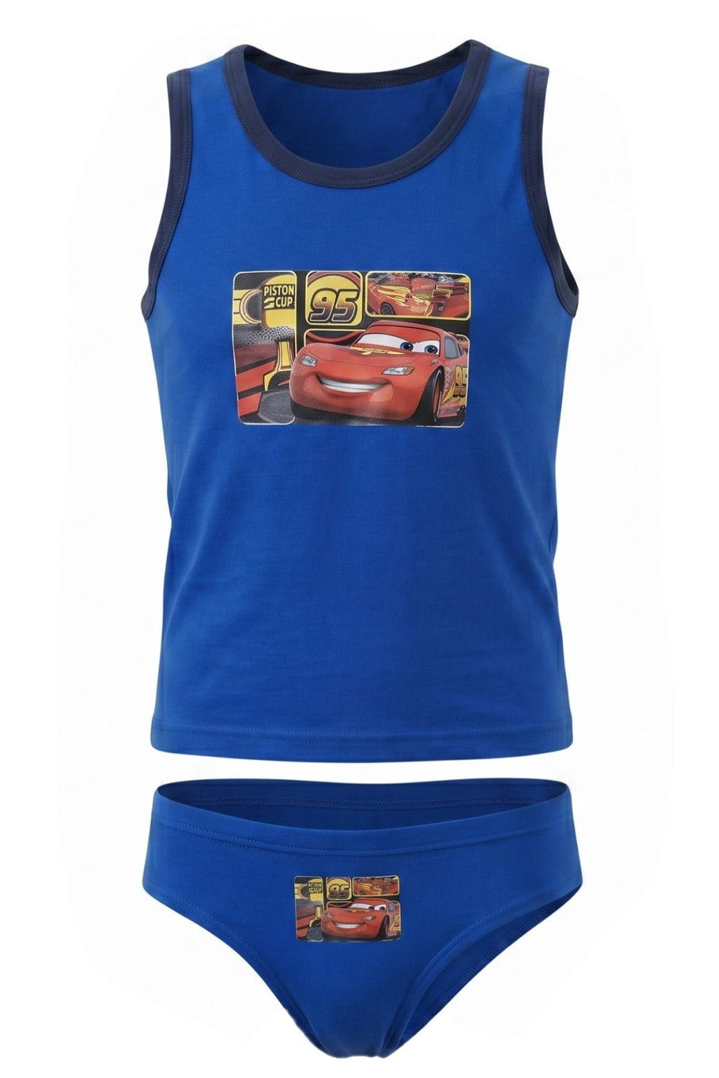 Ensemble Sous-Vêtements 2 Pièces Garçon – Débardeur Bleu Roi & Bleu Marine Imprimé Flash McQueen “Piston Cup” N°95 + Slip Assorti – Disney Cars – 2 à 8 ans – Neuf