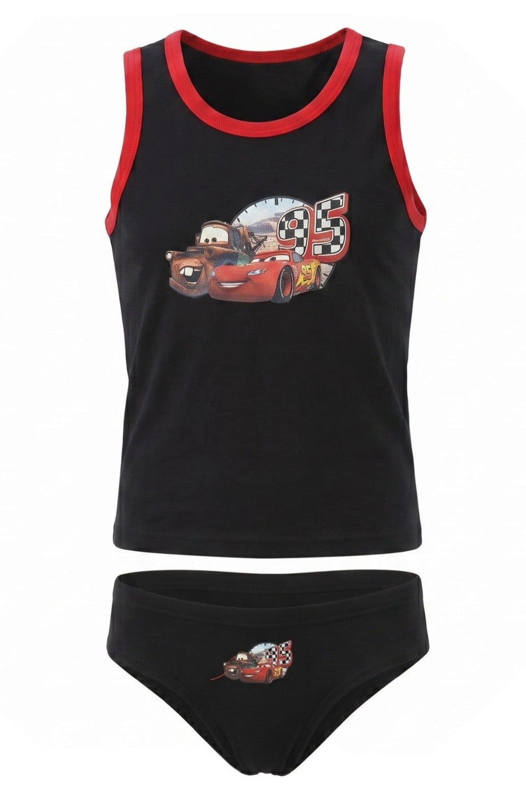Ensemble Sous-Vêtements 2 Pièces Garçon – Débardeur Noir & Rouge Imprimé Flash McQueen + Martin N°95 à Damier + Slip Assorti – Disney Cars – 2 à 5 ans – Neuf