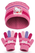 Ensemble Hiver Fille – Hello Kitty Sanrio – Bonnet + Gants – Rose Clair Multicolore – 100% Acrylique Doux – Neuf