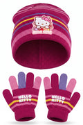 Ensemble Hiver Fille – Hello Kitty Sanrio – Bonnet + Gants – Rose Foncé Multicolore – 100% Acrylique Doux – Neuf
