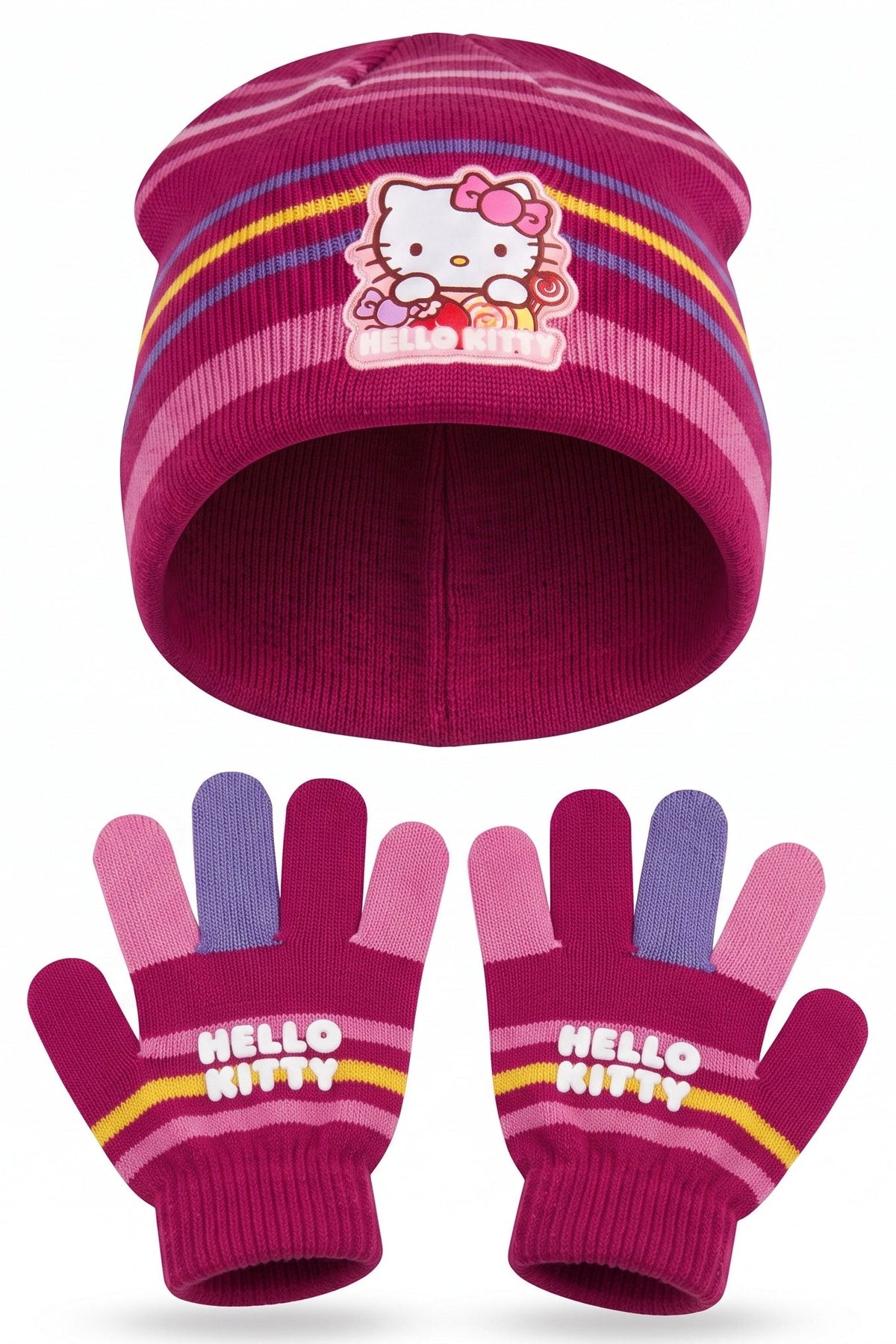 Ensemble Hiver Fille – Hello Kitty Sanrio – Bonnet + Gants – Rose Foncé Multicolore – 100% Acrylique Doux – Neuf